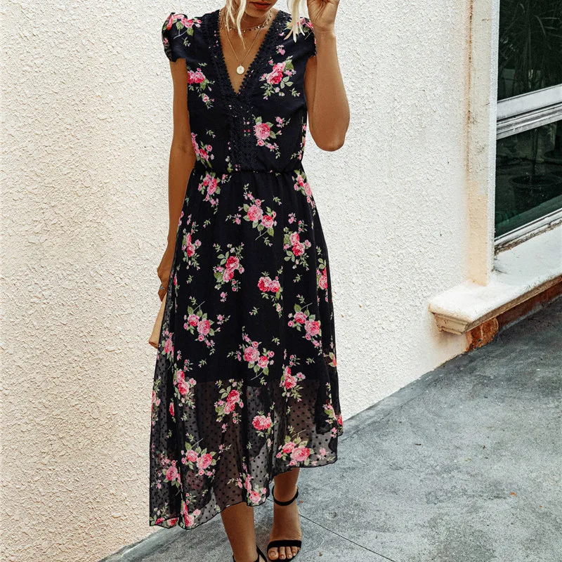 

Summer 2020 Lace Patchwork Women Maxi Dress Elegant Casual V-neck Petal Sleeves Print Dress
