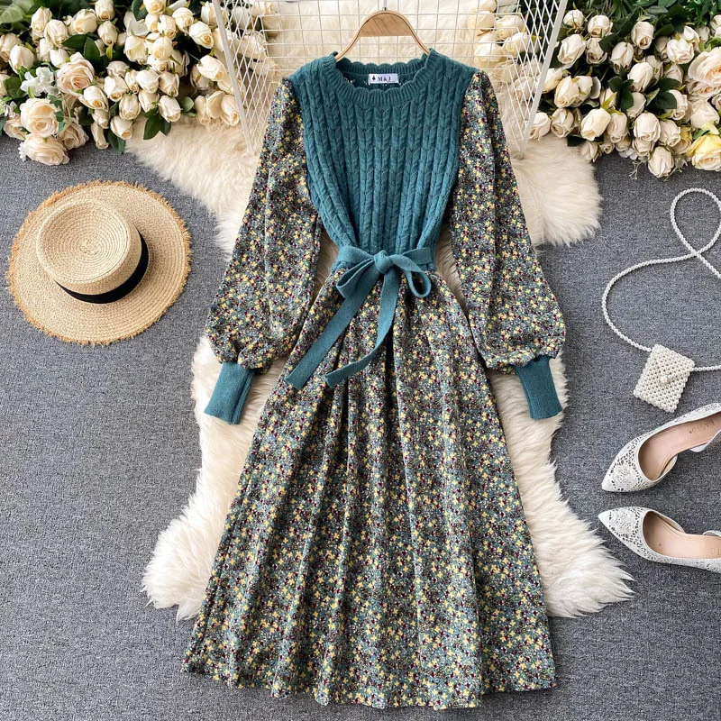 

Women Korean Knitted Dress Casual O Neck Puff Sleeve Bow Drawstring Patchwork A Line Dress Autumn Print Floral Dress Punk Rave