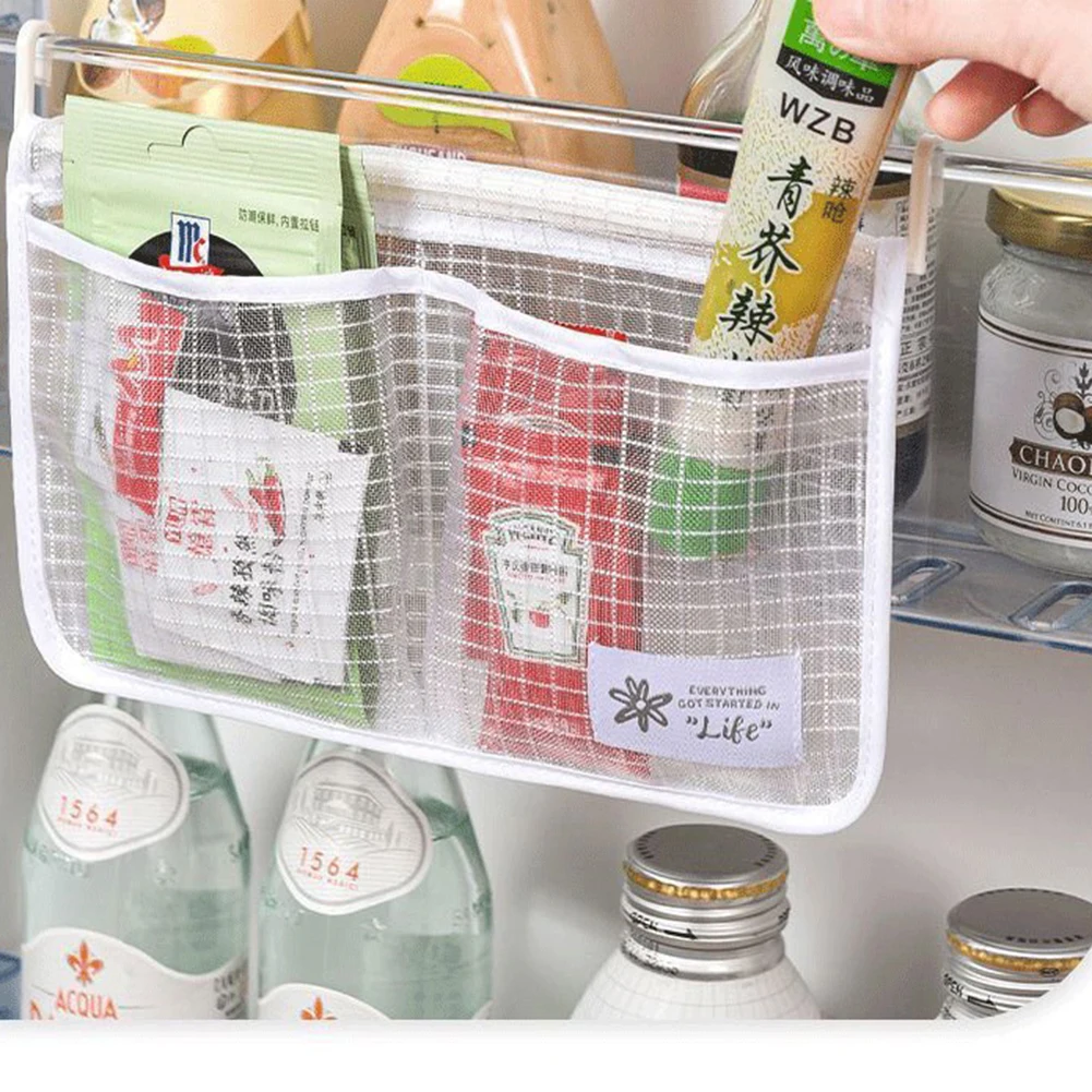 

Refrigerator Storage Mesh Bag Double Compartment Hanging Home Cabinet Seasoning Fruit Basket Fridge Kitchen Organizer Pocket
