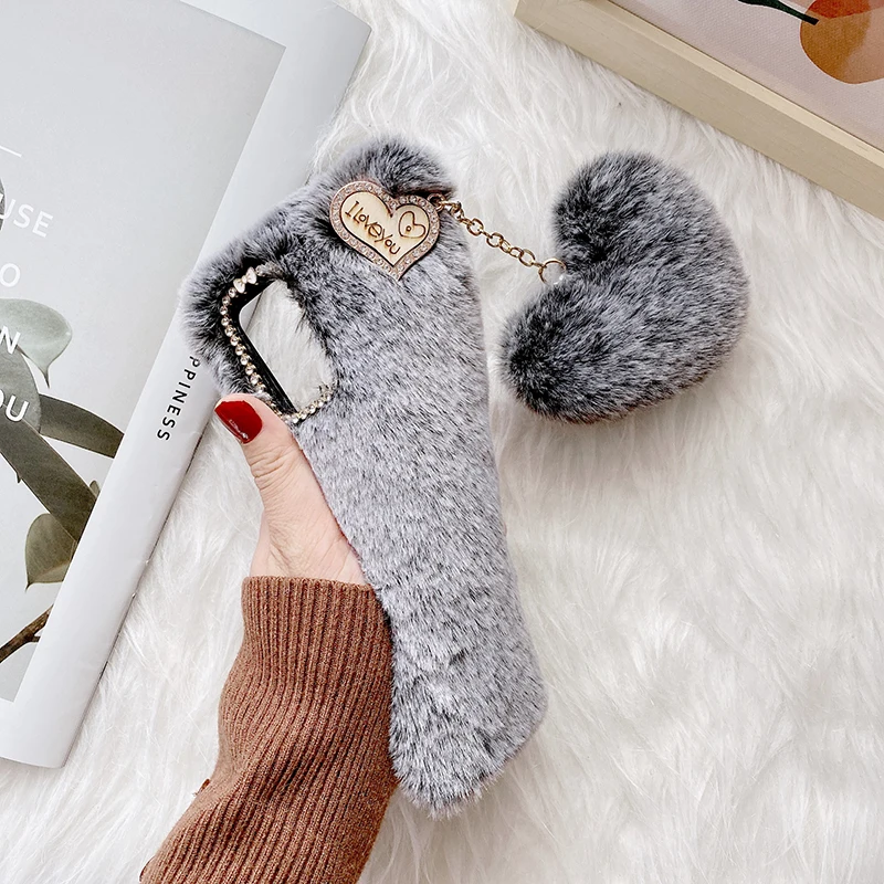 

Love Heart Pendant Rabbit Furry Case for Samsung S21 Ultra S20 S10 Plus S9 Note 20 Ultra 10 9 8 A71 A51 Hair Plush Phone Cover