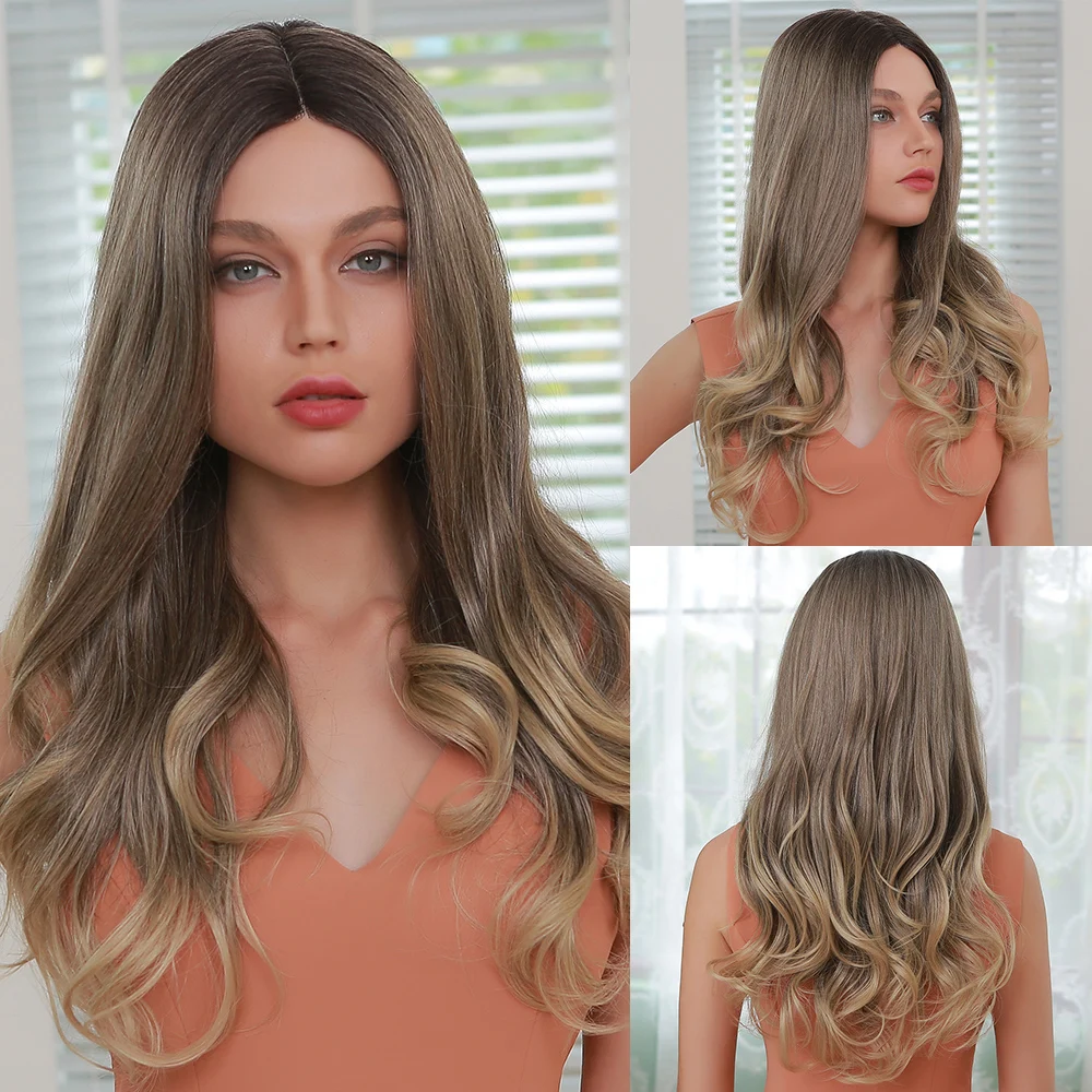 

ALAN EATON Cosplay Lace Front Wig Middle Part Long Wavy 0mbre Black Brown Golden Synthetic Lace Wigs for Women High Temperature