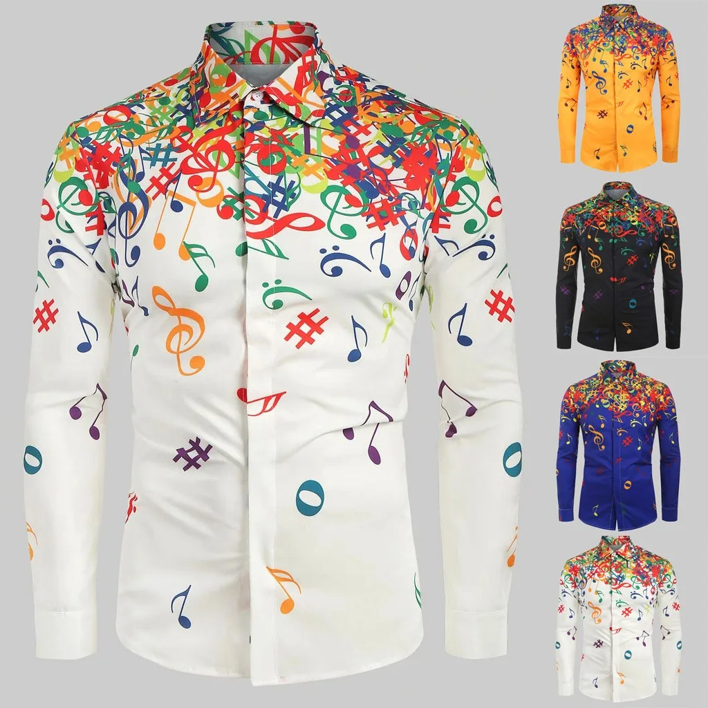 Прямая поставка, 20 Camisa de los hombres, новинка, блузка,, мужская, повседневная, с рисунком музыкальных нот, повседневная, с длинным рукавом, художественная рубашка, Топ