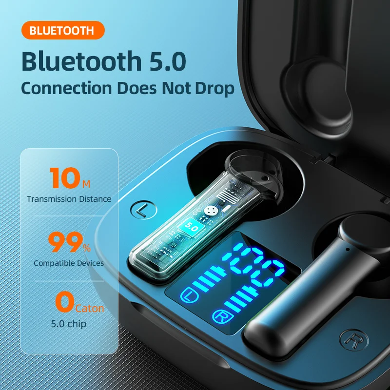 저렴한 블루투스 헤드셋 스포츠 야외 블루투스 5.0 이어폰 헤드폰 LED 디스플레이 마이크 충전 상자 9D 방수 무선