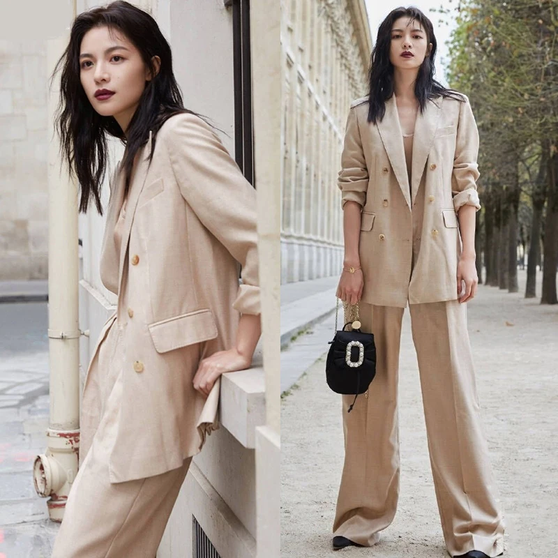 

Explosion star with the same temperament high quality beige suit high waist wide leg pants fashion OL suit suit two-piece women