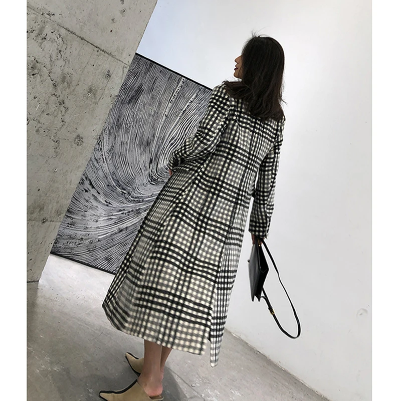 Женское длинное шерстяное пальто черно белое Свободное в клетку верхняя одежда