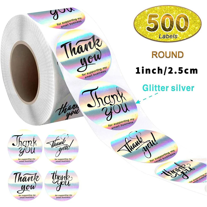 

Новые радужные лазерные наклейки Thank You, 1 дюйм, маленькие наклейки для бутиков, упаковочные принадлежности, 500 шт./рулон