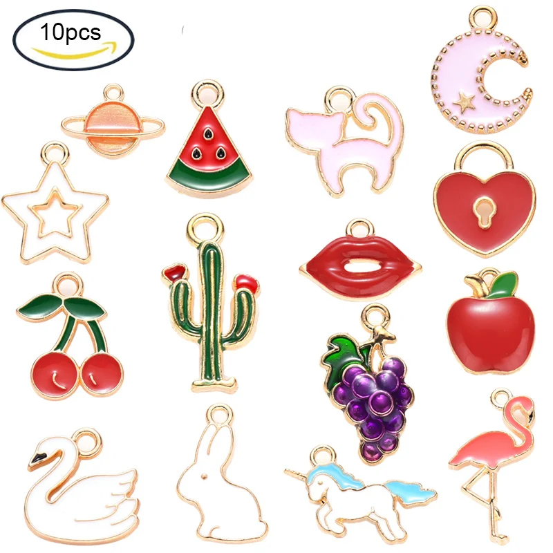 

10pcs Alloy Enamel Pendants /Moon & Star/Heart Lock/Star/Unicorn/Apple/Cherry/Swan/Planet/Grape/Cactus/Rabbit for Christmas