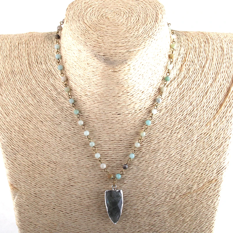 

RH Fashion Bohemian Tribal Jewelry 4mm Stones Rosary Chain Stone Arrowhead Pendant Necklaces For Fashion Jewelry