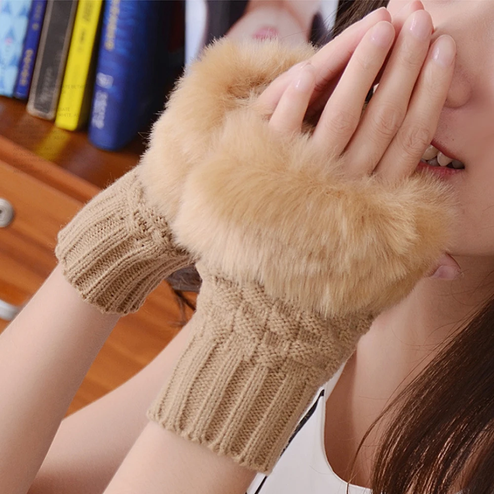 Зимние перчатки детские перчатки с открытыми пальцами без пальцев Pom pom Faux Fur Wrist Mittens Knit Patchwork Guantes Plush Handschoenen