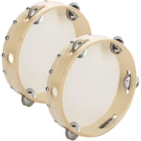 2 pieces 8 inch wood handheld tambourine single row tambourines with jingle bellslog