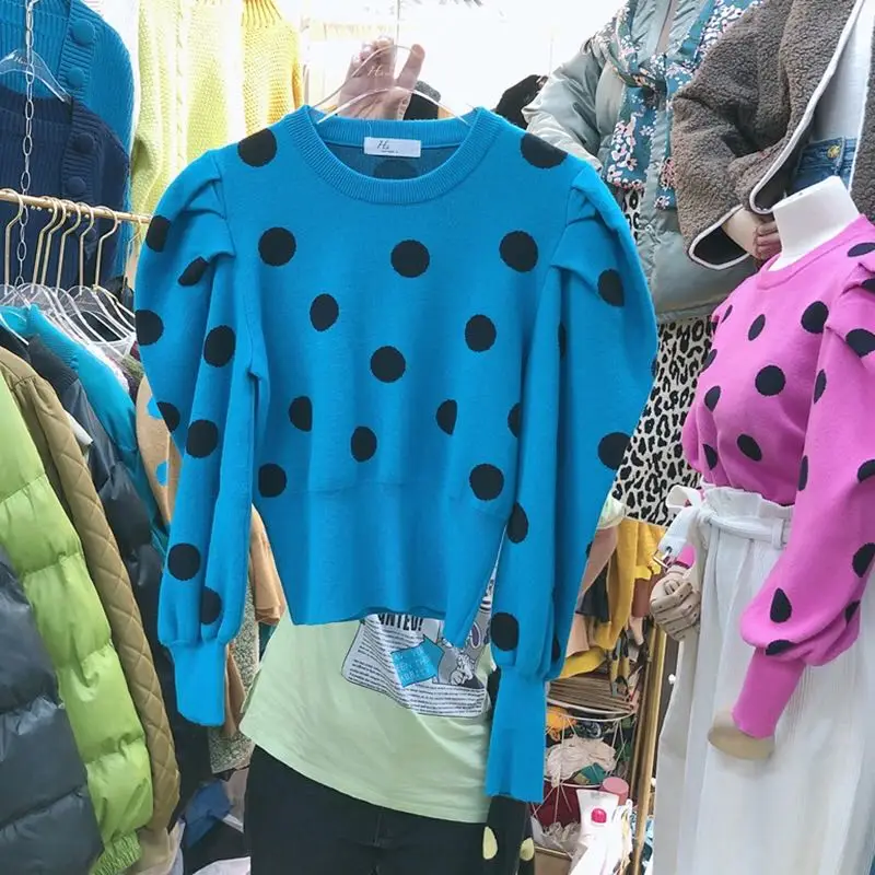 

Korean Puff Sleeve Women Pullover Knitwear 2020 Spring Autumn Polka Dot Winter Top Knitted O-Neck Sweater Bottom Jumper