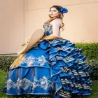 Синие Бальные платья для девушек, бальное платье с оборками, пушистое официальное платье для выпускного вечера, Charro Sweet 15, традиционное мексиканское платье, abendkleider 2020