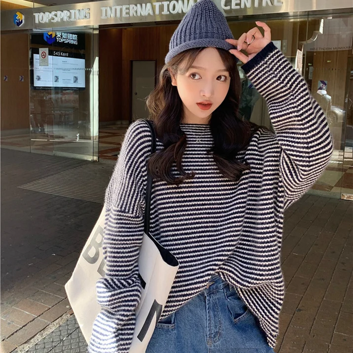 

Soft Warm Knitted Sweater Women 2020 Fall Winter Korean Style Casual Loose Striped Pullover Jumper Tops Knitwear T419
