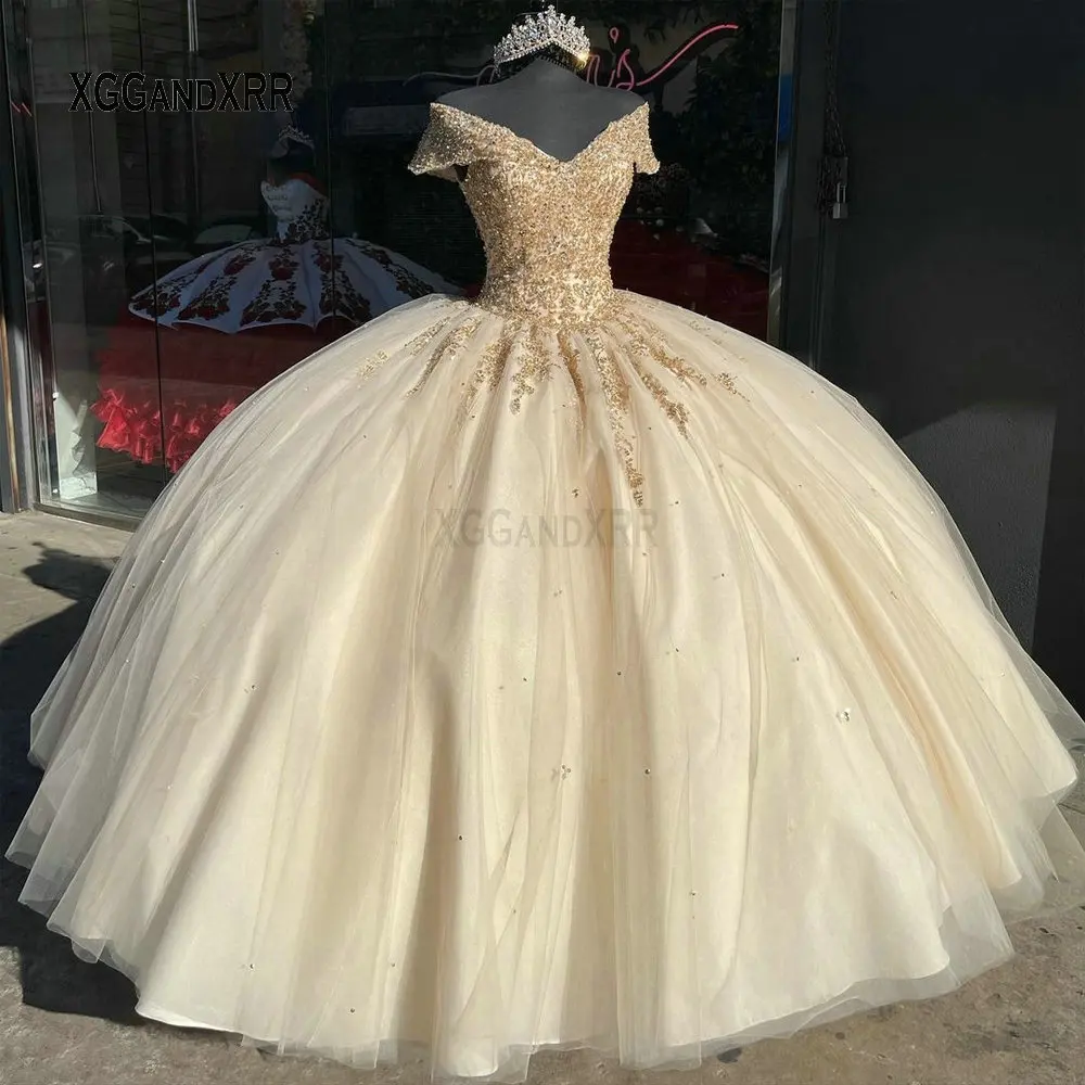 

Champagne Ball Gown Quinceanera Dress 2021 Off Shoulder Beading Sparkly Prom Dresses Sweet 15 16 Birthday day Pageant Gown