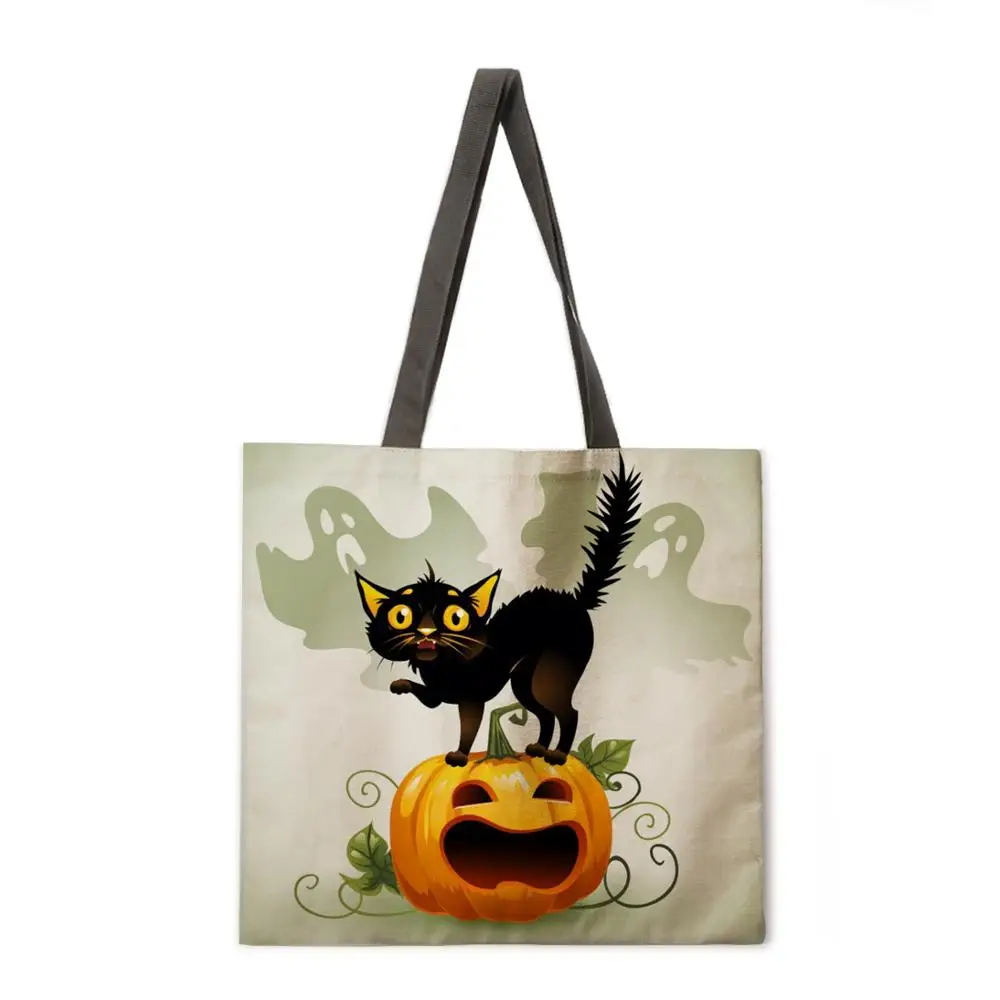 

Halloween cat print tote bag shoulder bag linen fabric casual tote bag foldable shopping bag reusable beach bag