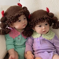 2021 cute baby kids girls hat hair pigtail wig cap autumn winter knitted children infant hats caps accessories photography props