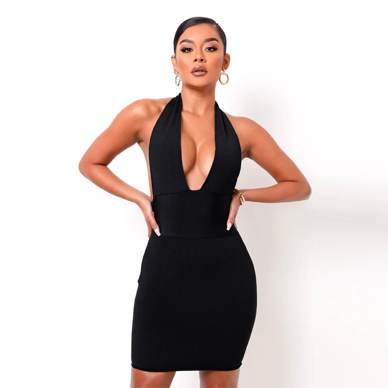 

Womens Ribbed Knit Sexy Sleeveless Halter Dress Fashion Solid Color Deep V-neck Backless Fit Bodycon Slim Party Dress