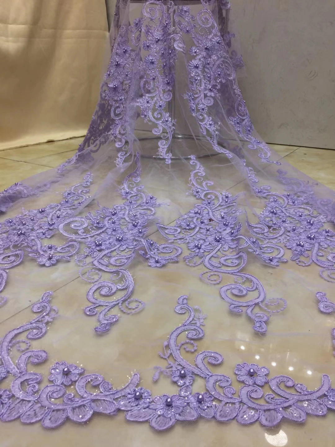

African Lace Fabric 2021 High Quality Lace Purple Nigerian Lace Fabrics for Women French Beaded Tulle Lace Fabric