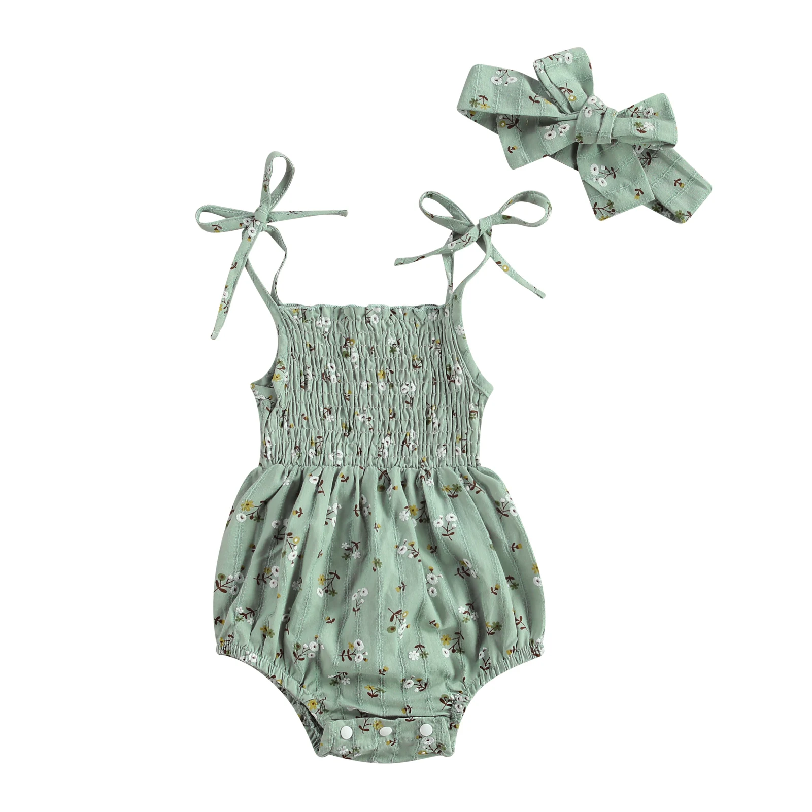 

Baby Romper with Headband, Girls Floral Print Sleeveless Spaghetti Strap Bodysuit+ Hair Band for Kids, 0-24 Months