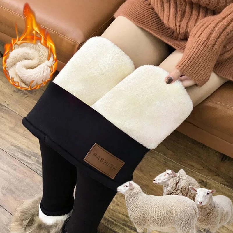 Women Fleece 1PC Wool High Quality Leggings Winter Velvet Hot Sale Warm Pants Black Skinny Trousers Lambskin Cashmere Thick