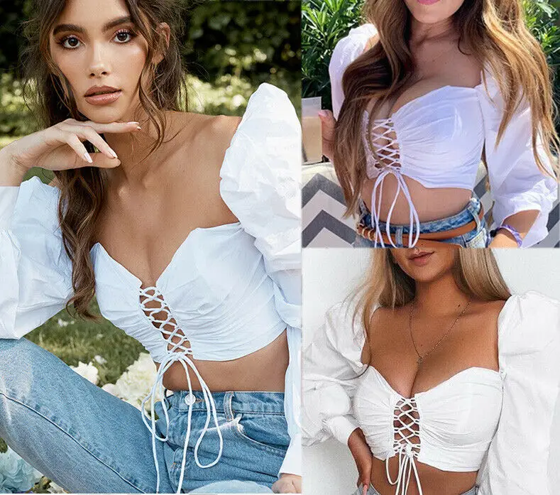 Women's Front Bandage Crop Top Summer Casual Solid Tops Long Sleeves Shirts | Дом и сад