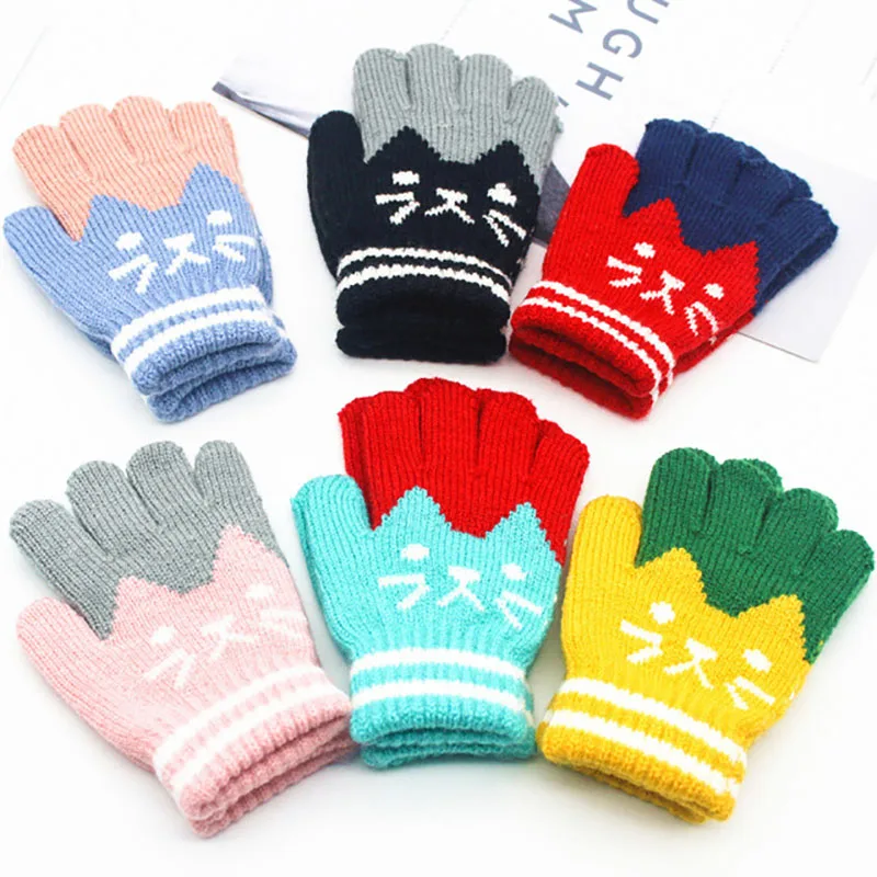 

Kids Cartoon Cat Cute Mittens Imitation Cashmere Patchwork Color Children's Gloves Thicken Warm Knitting Gloves For Winter Gifts