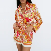 traf women shirt za 2021 orange print crop top female vintage knotted collared button up shirt woman long sleeve summer blouse