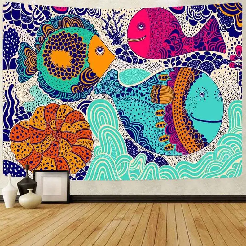 

Colorful Fish Tapestry Cute Ocean Sea Creature Art Wall Hanging Home Decor Bedroom Living Room