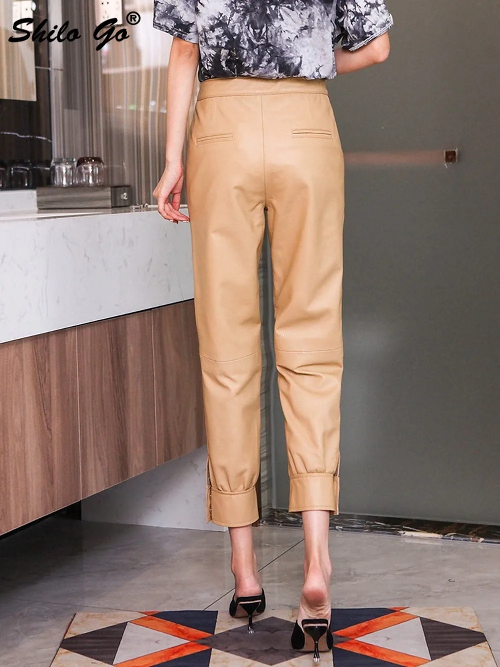 

Office Lady Single Button High Waist Harem Pants Women Autumn Casual Office Lady Genuine Leather Pants Sheepskin Trousers Female