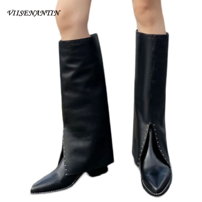 

New Black Handsome Personality Rivet Pointed Toe Thick Heel Pants Boots 2021 Design Sense Cow Leather High Heel Knight Boots