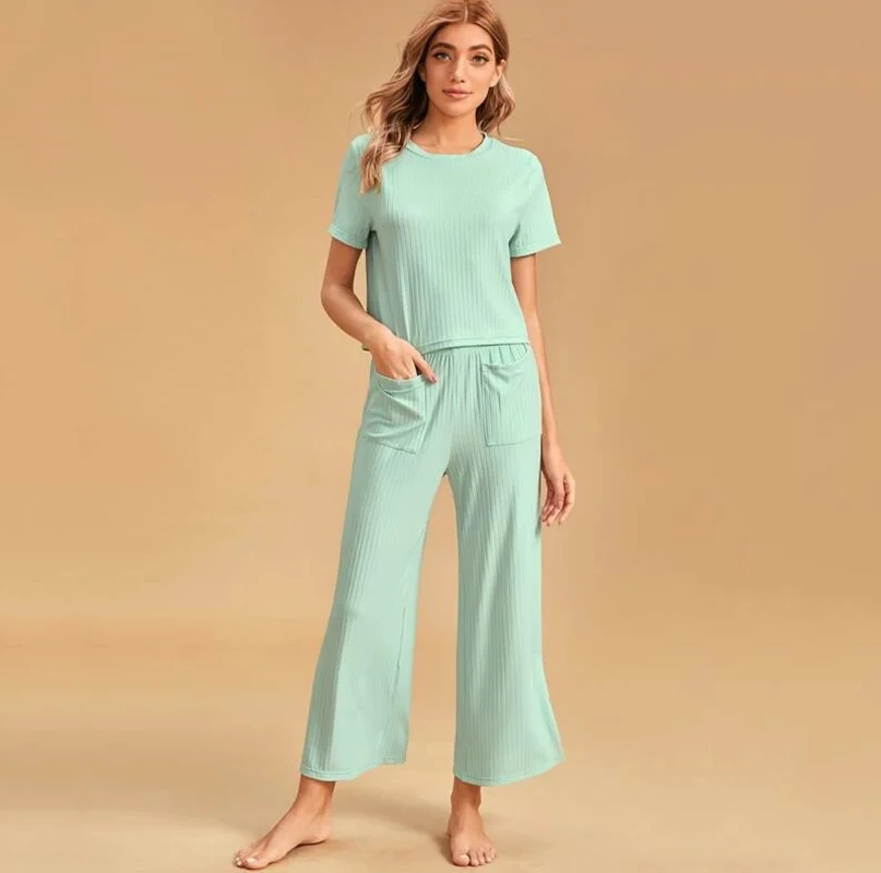 

Summer solid Pajama Women Short Sleeve T-shirts Tops Cropped Trousers Outfits Lounge Set Home Clothes