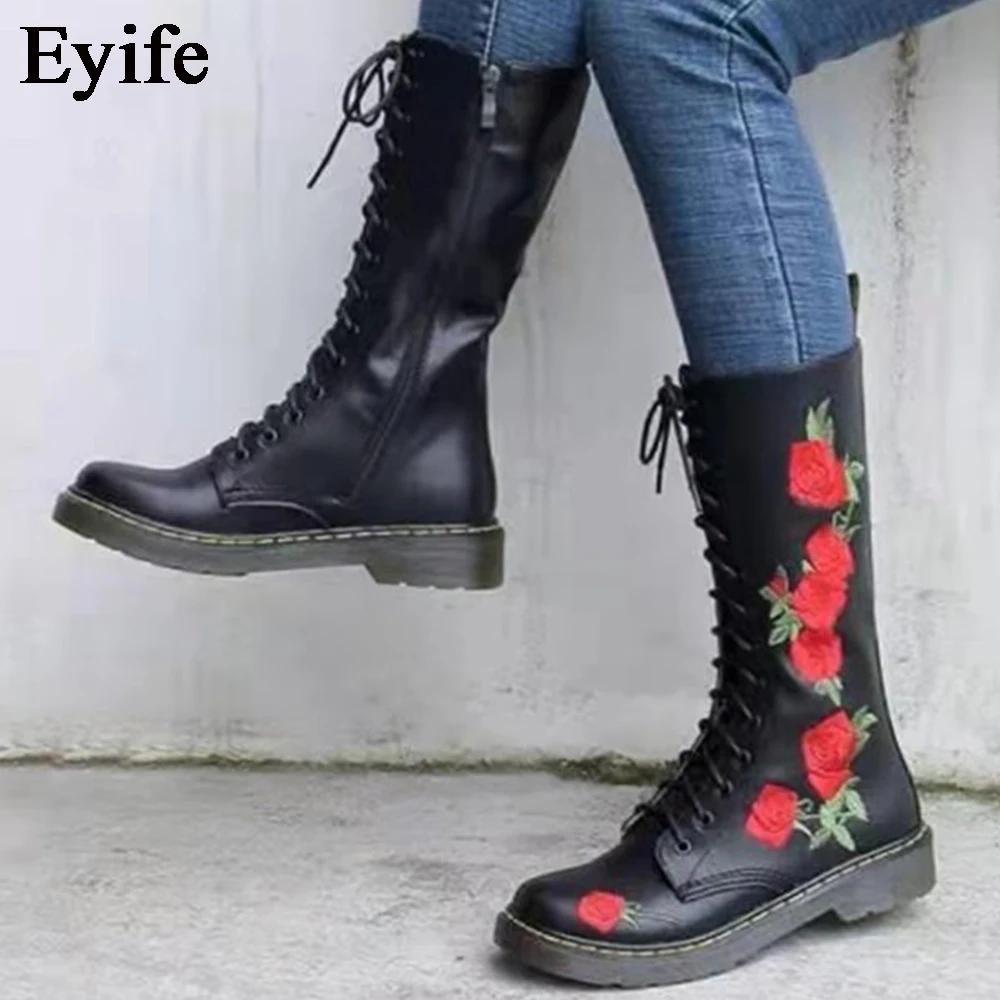 

Fashion Flower Boots Women 2021 Autumn Winter New Low Heel Round Toe Ladies Comfy Shoes 43 Big Size Ethic Mid Calf Boots