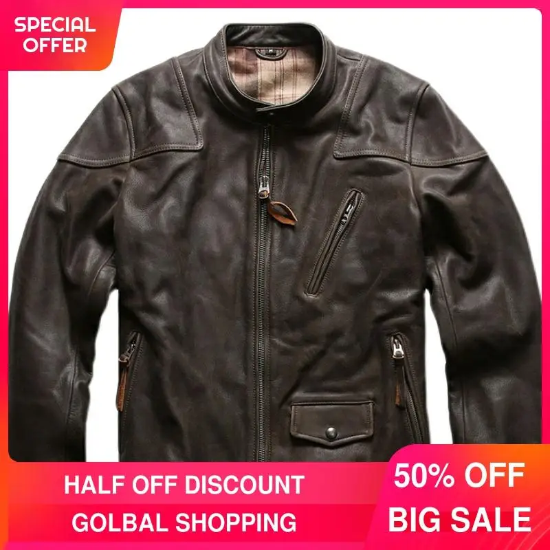 

2021 Vintage Brown Motorcycle Style Genuine Leather Jacket Men Stand Collar Plus Size 3XL Real Natural Cowhide Biker's Coat