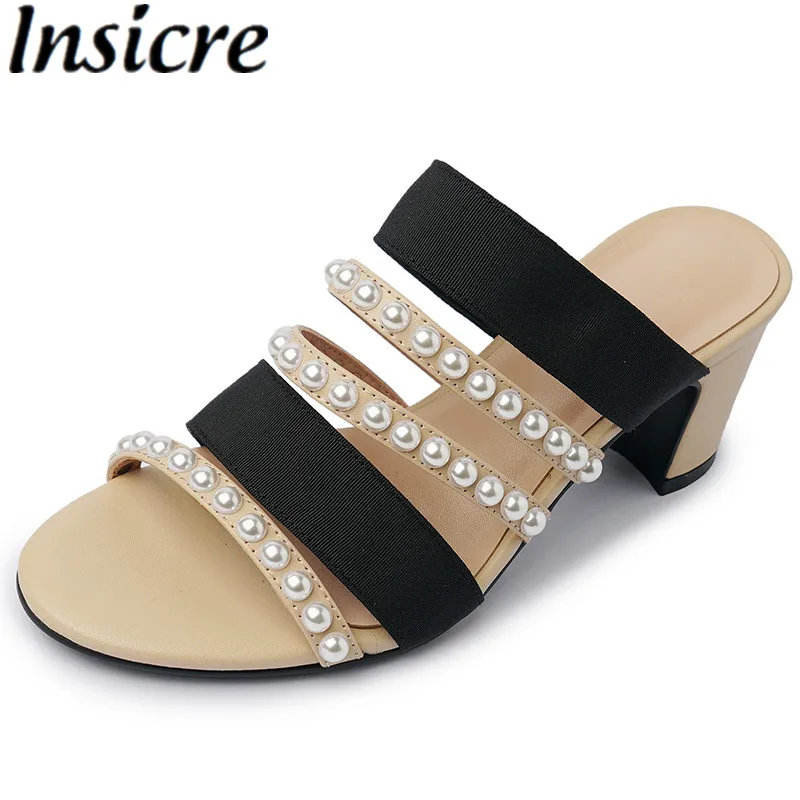 

Insicre Fashion Summer High Heel Shoes Round Toe Bead Satin Women Sandals Thick Heels Slippers Handmade Narrow Band Black