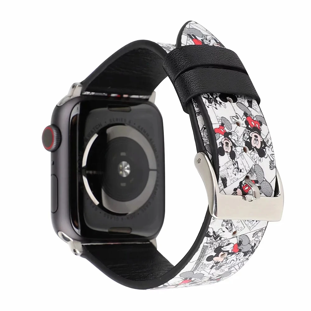 UEBN кожаный ремешок для наручных часов Apple Watch серии 1/2/3/4 ремень с Микки-Маусом Мышь «Минни Маус» с принтом в виде персонажей из мультфильма для наручных часов iWatch, 44 мм 40 мм, 38 мм, 42 мм, ремешок для часов