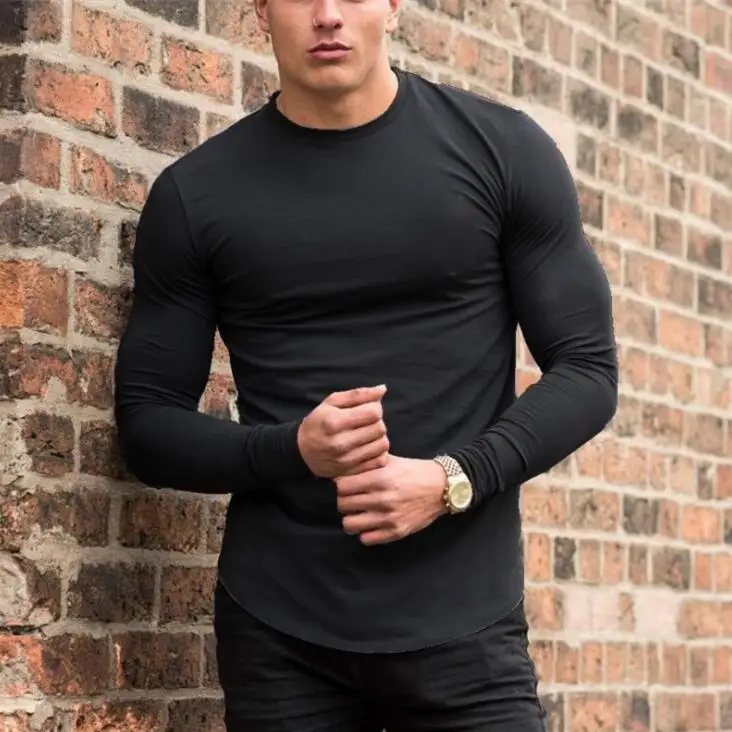 Сплошной цвет пустой фитнес футболка мужская длинная секция хлопок дышащая