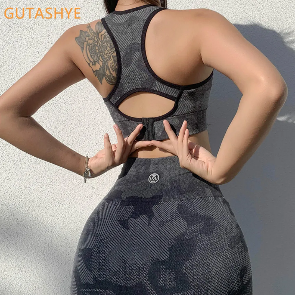 GUTASHYE камуфляж Йога Комплект Для женщин бесшовные Фитнес бюстгальтер спортивный