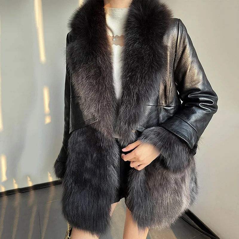 Faux Fox Fur Jacket Women Mid-Length Stitching Leather Jacket Slim Fit Winter Coat 2021New Korean Female Black Leather Outerwear enlarge