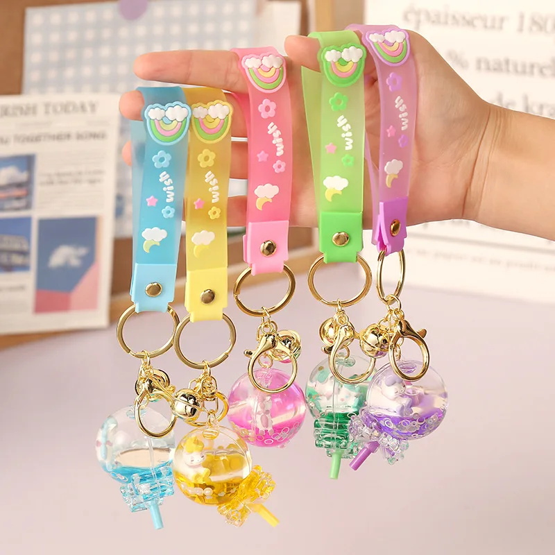 

Cartoon Cute Lollipop Unicorn Keychain Women Bag Pendant Acrylic Moving Liquid Quicksand Keyring Couple Gift Charm Key Chains