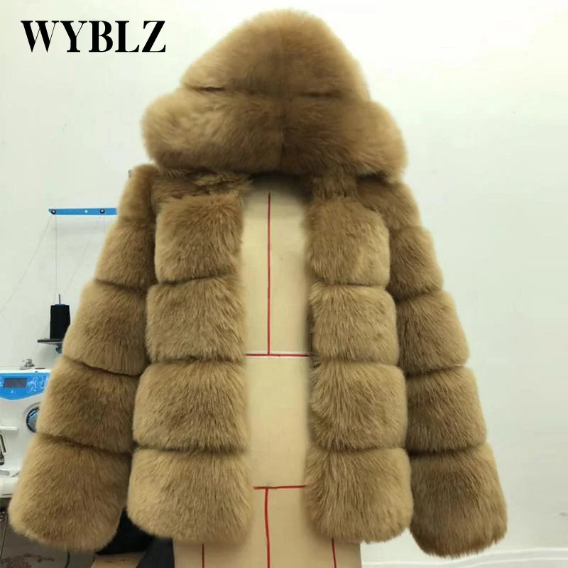 WYBLZ New Winter Thick Warm Faux Fur Jacket Women Fashion Plus Size Hooded Faux Fur Coat Long Sleeve Luxury Fur Midi Outwear