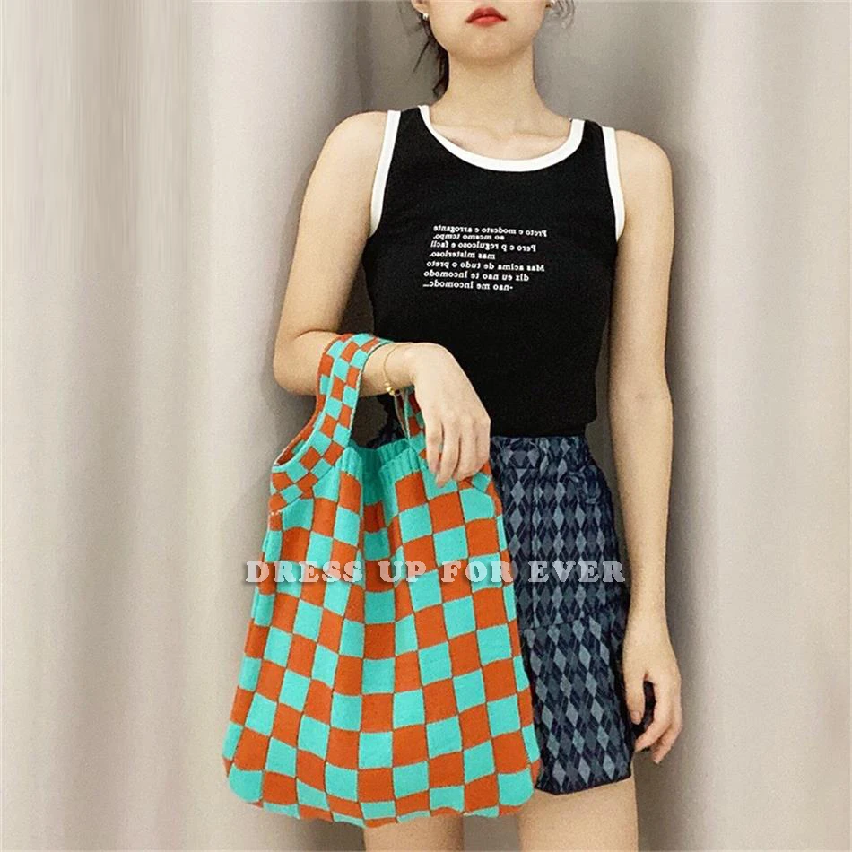 

Female Wrist Bags Clash Color Checkerboard Plaid Woolen Knitted Shoulder Vintage Chic Big Capacity Totes Handbag Ladies Casual