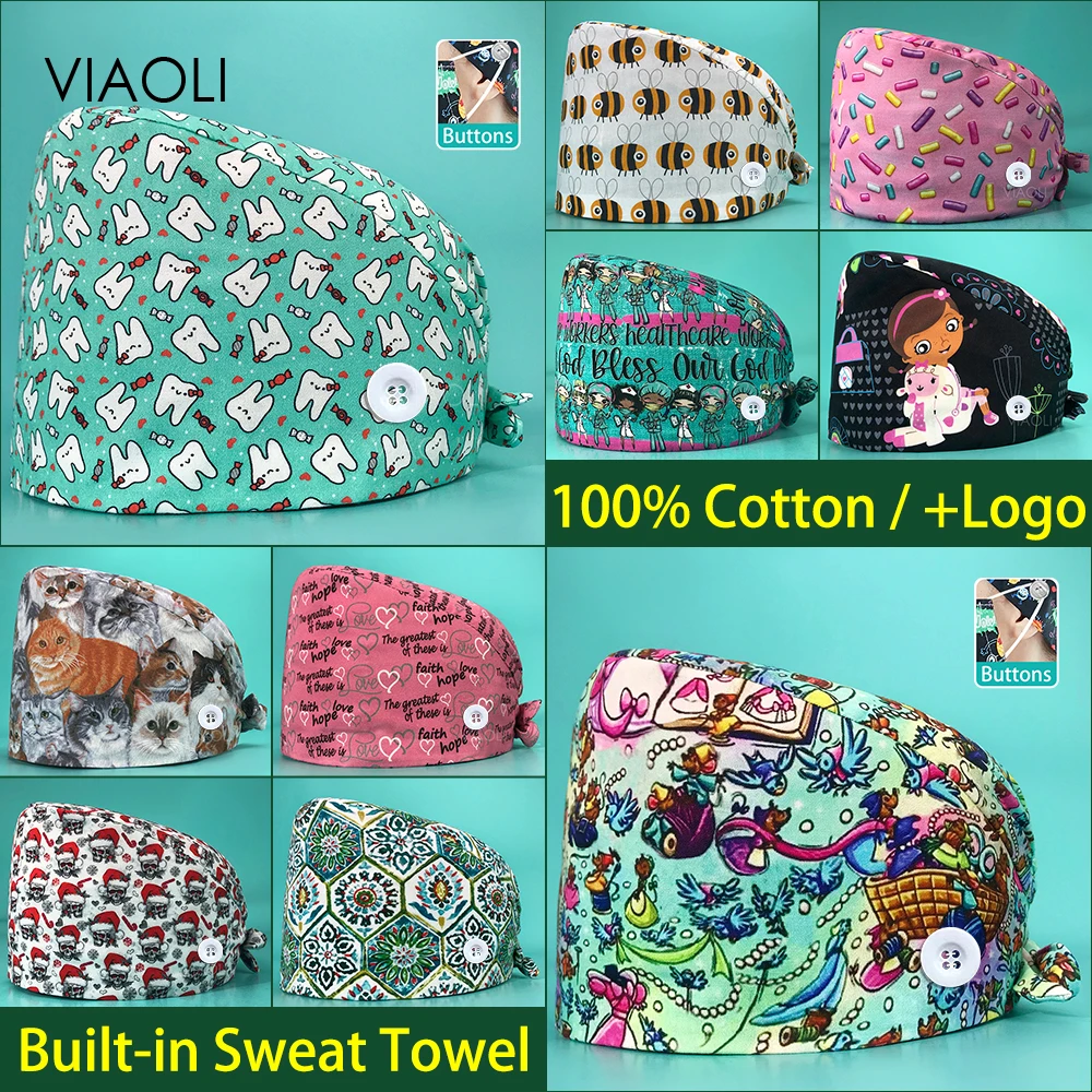 

Wholesale Price Pet Hospital Scrubs Cap Medical Nursing Job Caps Soft Transparent Cartoon Print Doctor Hat Unisex Surgical Hats