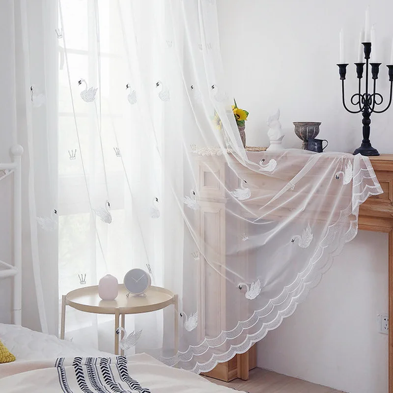 Занавески из вуали с вышивкой в виде лебедя для гостиной белые розовые