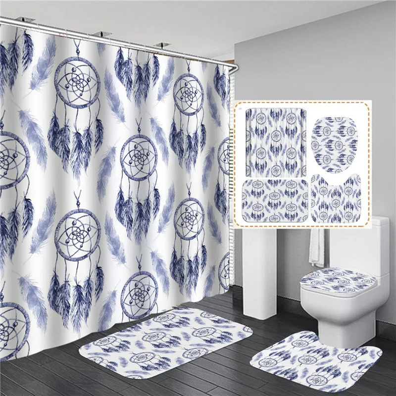 waterproof polyester shower curtain with hooks partition bathroom decoration toilet four piece non slip toilet floor mat doormat free global shipping