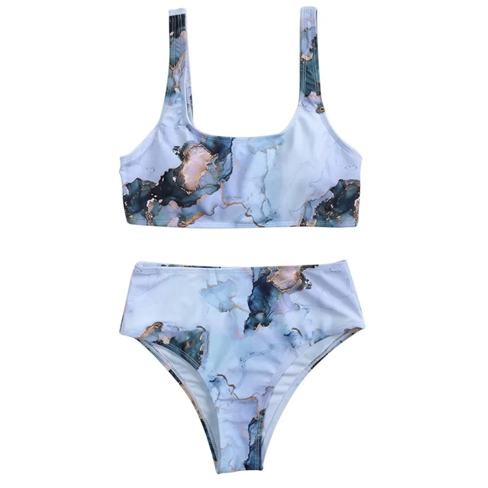 

2021 New Print Sport Bandeau Push up Bikinis Sexy Marble Women Swimsuit High Waist Swimwear Women bathing suit Beach wear
