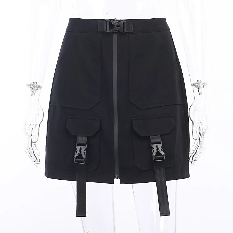 

New Black High Waist A-line Skirt Female Tooling Girl College Function Series Tactical Skirt