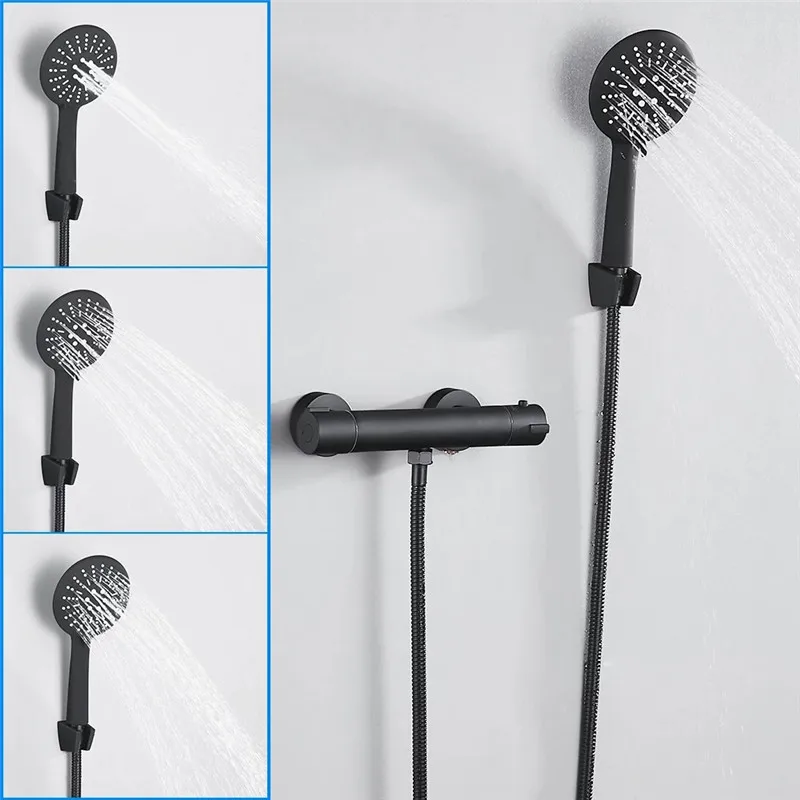 Thermostatic Shower Mixer Brass Black Wall Mounted Dual Handle Bathroom Thermostatic Shower Mixer Valve Tap Bathroom Accessories