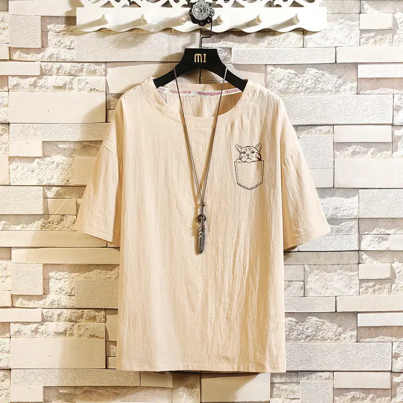 

Новинка весна-лето 2021, модная свободная футболка с коротким рукавом и круглым вырезом, мужской универсальный топ из хлопка и льна в иностран...