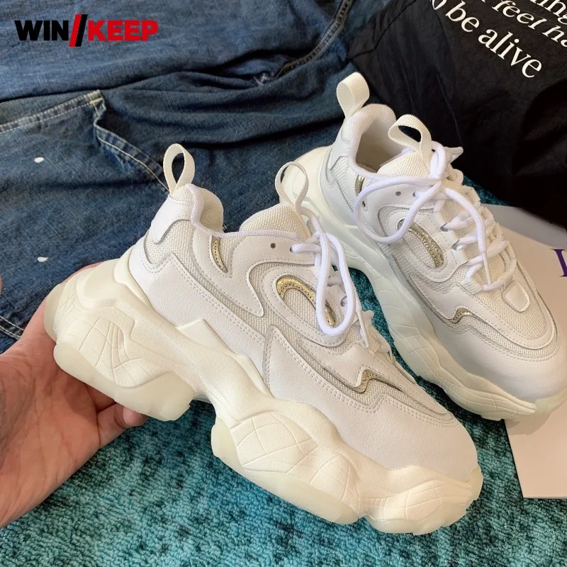 Кроссовки женские сетчатые из натуральной кожи на платформе массивные уличные