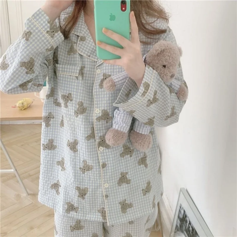 QWEEK Cotton Pajamas for Women Kawaii Bear Print Pijamas Autumn Sleepwear Korean Pyjamas Female Set 2 Piece Loungwear Homewear